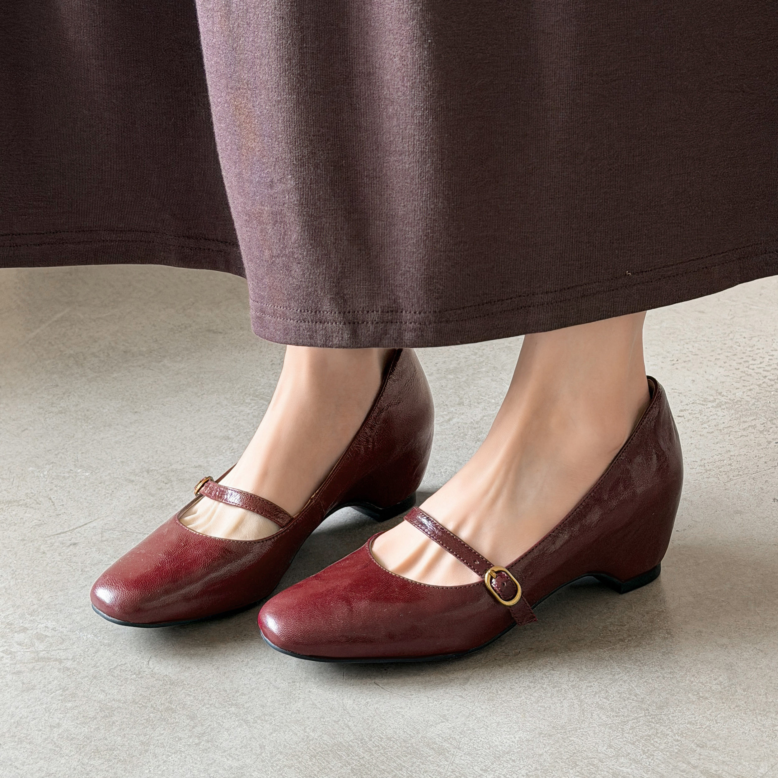 5.5cm高跟红色浅口真皮玛丽珍鞋女内增高粗跟圆头一字式显瘦单鞋