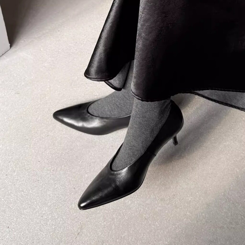 5cm法式复古尖头优雅高跟鞋女真皮细跟V口奶奶鞋黑色百搭懒人单鞋