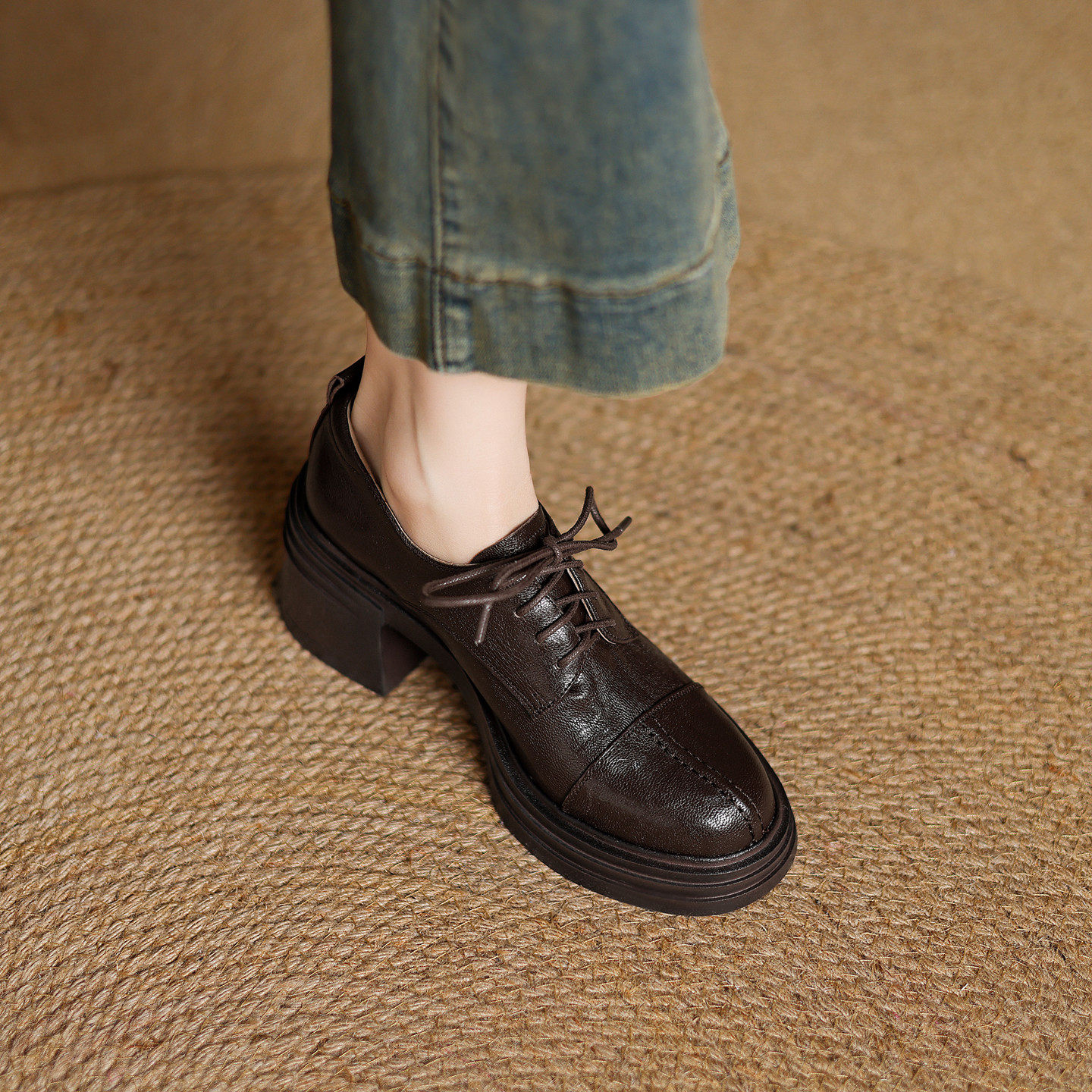 6.5cm真皮厚底松糕系带复古小皮鞋女粗跟防水台圆头羊皮高跟单鞋