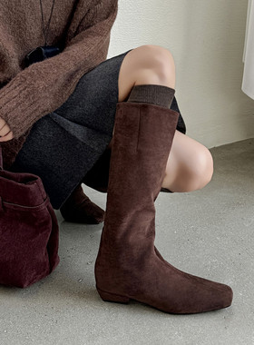 2cm法式方头内增高宽筒骑士靴小个子不过膝修饰腿型黑色长筒靴女