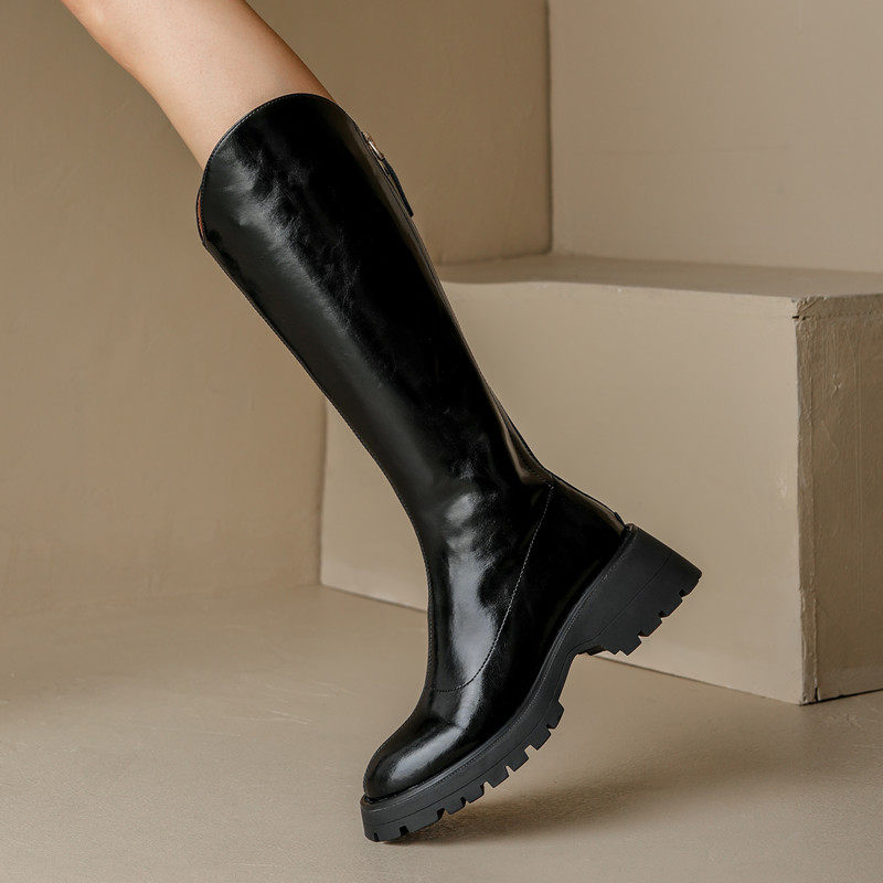 不过膝高筒靴女复古粗跟松糕底长靴厚底真皮长筒骑士靴黑色及膝靴