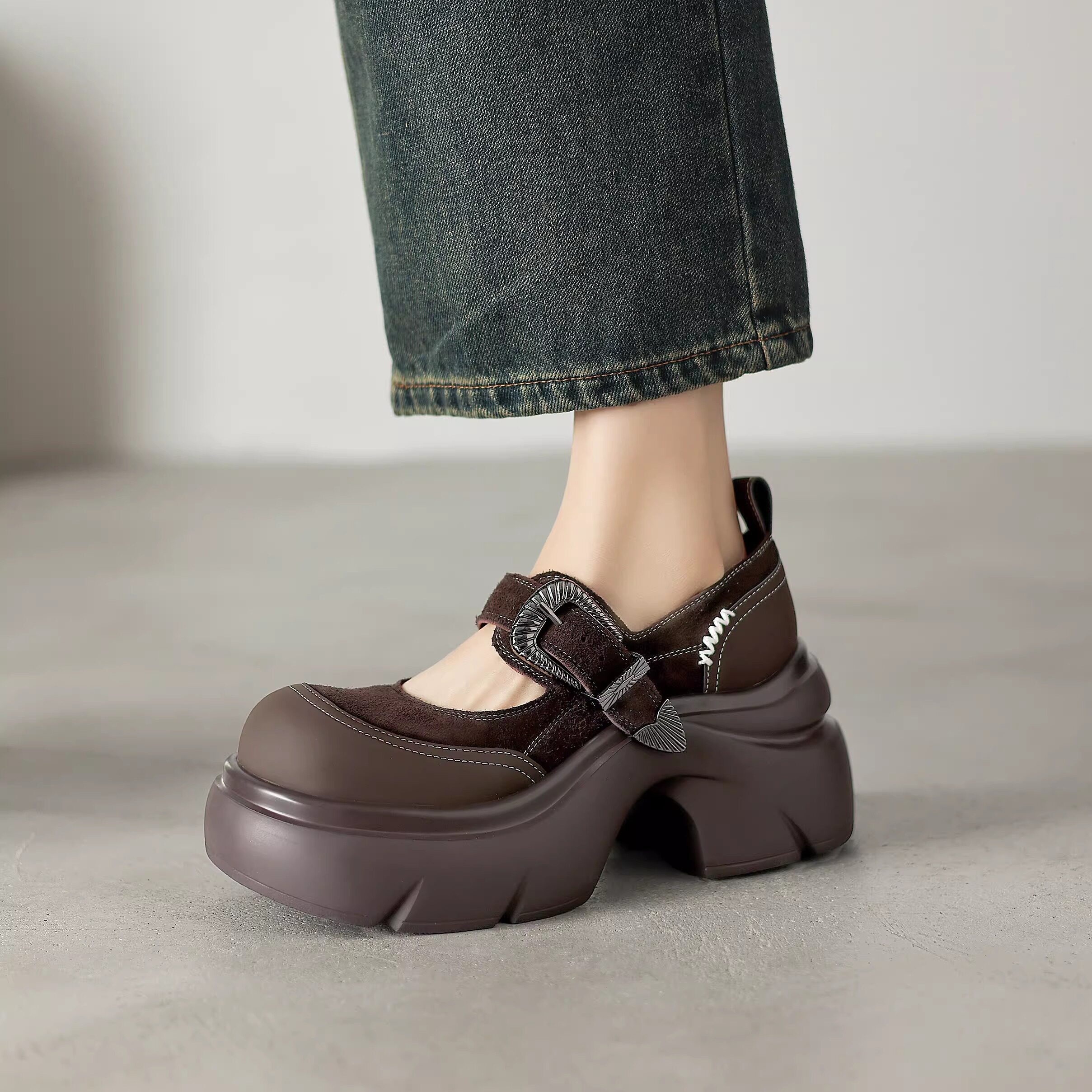 9cm磨砂真皮超高跟厚底黑色浅口玛丽珍鞋女粗跟松糕拼色圆头单鞋