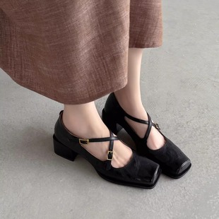 5cm真皮粗跟黑色浅口玛丽珍鞋女高跟方头优雅显瘦皮带扣百搭单鞋