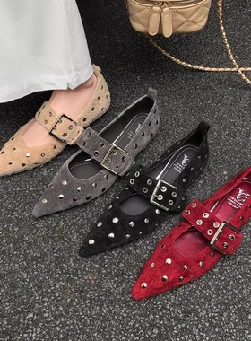 2cm磨砂真皮低跟红色浅口玛丽珍鞋女粗跟尖头一字式铆钉百搭单鞋