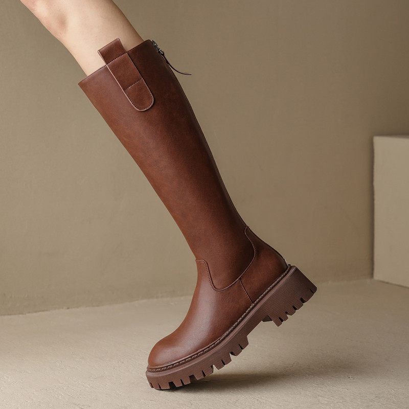 不过膝高筒靴女坡跟松糕底圆头长靴厚底真皮长筒骑士靴复古及膝靴