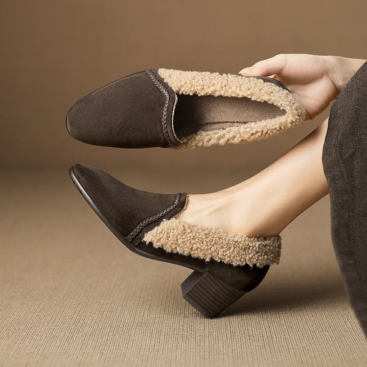 5cm法式深口单鞋加绒圆头中跟粗跟真皮高跟鞋磨砂皮毛毛鞋乐福鞋