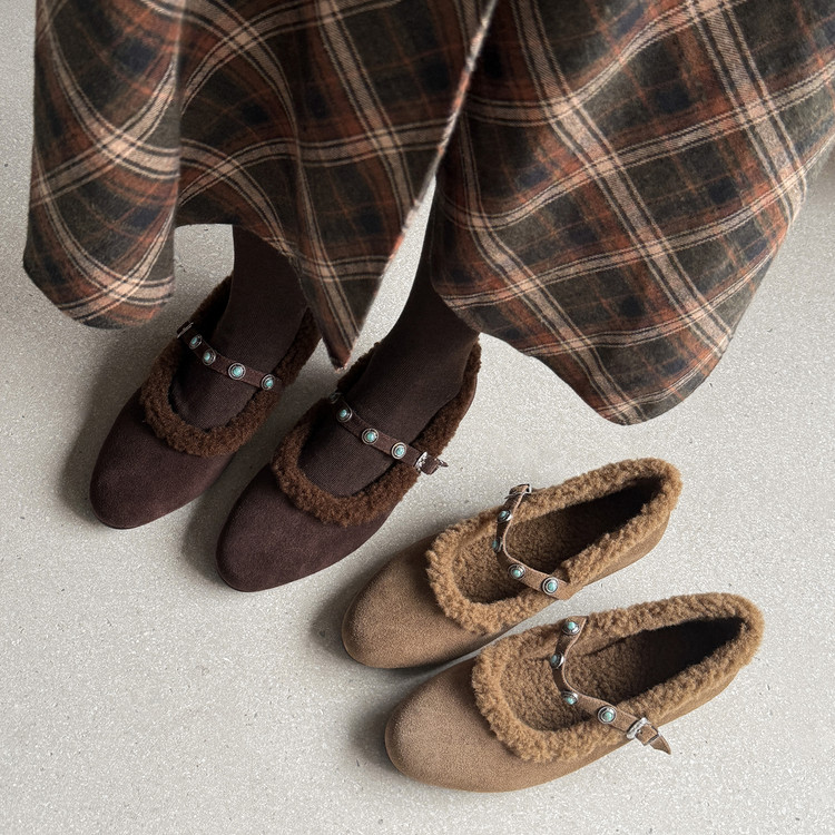 2.5cm法式复古牛翻皮内增高一字扣带玛丽珍鞋冬季加绒巨好看单鞋