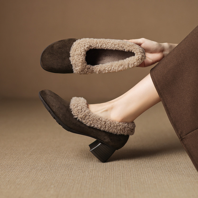 羊皮单鞋女秋冬加绒保暖毛毛鞋