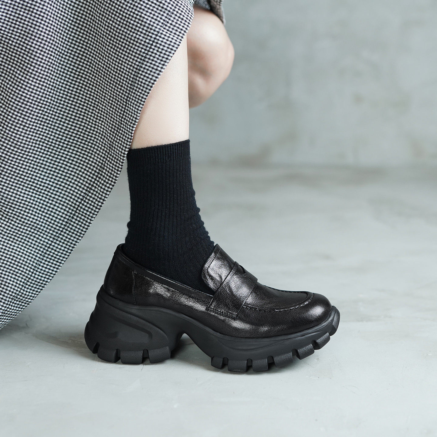 6cm小个子厚底真皮复古乐福鞋女粗跟松糕英伦风圆头显瘦百搭单鞋,女鞋,深口单鞋,淘宝优惠券,粉丝福利购,淘宝优惠卷