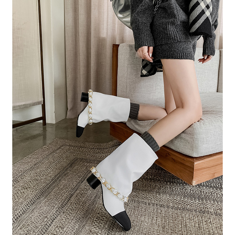 5cm真皮小香风链条高跟短靴