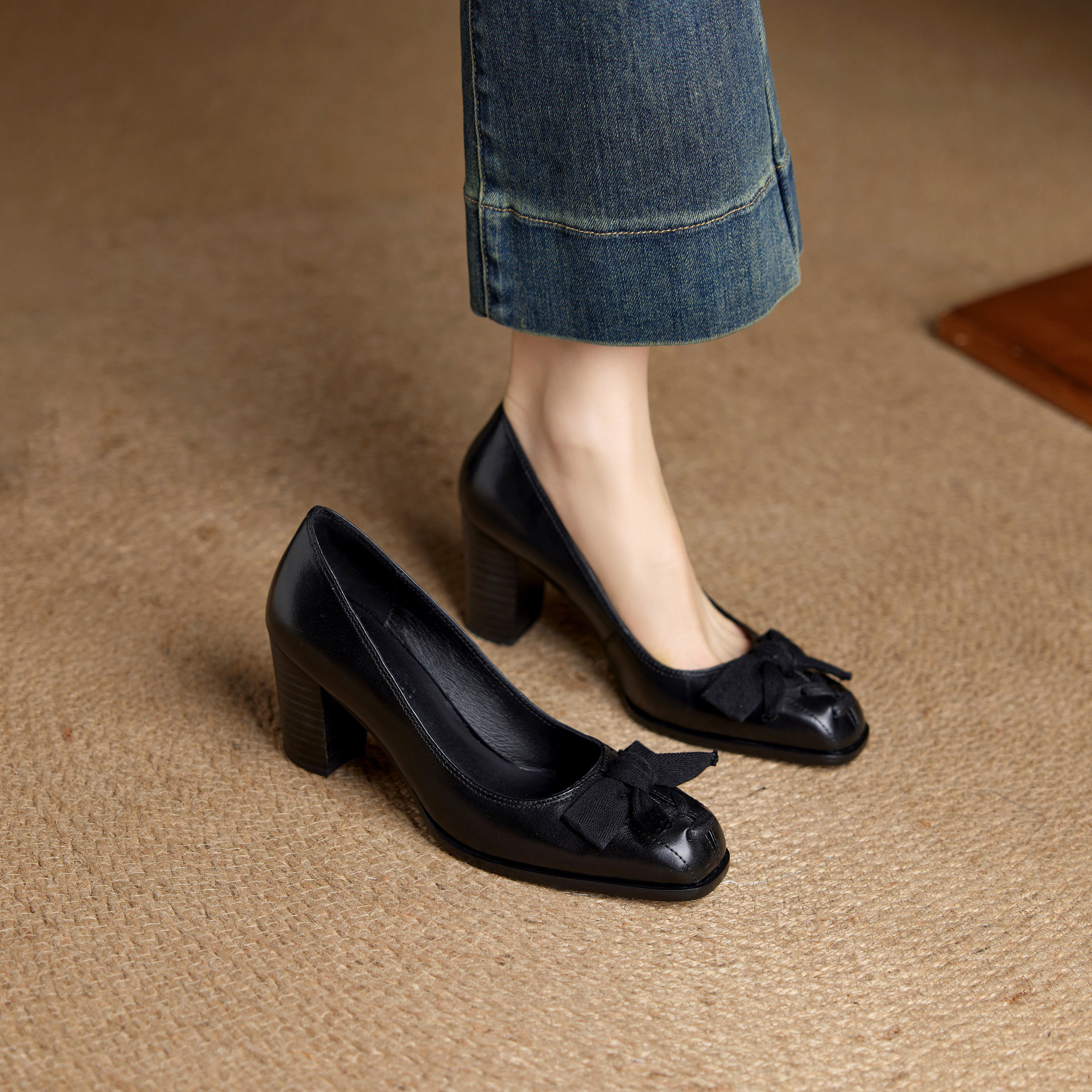 7cm粗跟复古真皮方头浅口玛丽珍鞋女蝴蝶结通高跟懒人鞋擦色单鞋,女鞋,玛丽珍鞋,淘宝优惠券,粉丝福利购,淘宝优惠卷