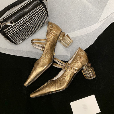 女高跟方头金色皮带扣优雅单鞋