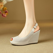 女超高跟防水台显瘦坡跟洞洞女鞋 2025夏新款 真皮厚底镂空鱼嘴凉鞋