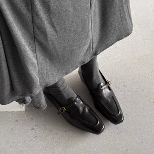 1.5cm低跟真皮方头英伦风小皮鞋女粗跟复古皮带扣懒人鞋通勤单鞋