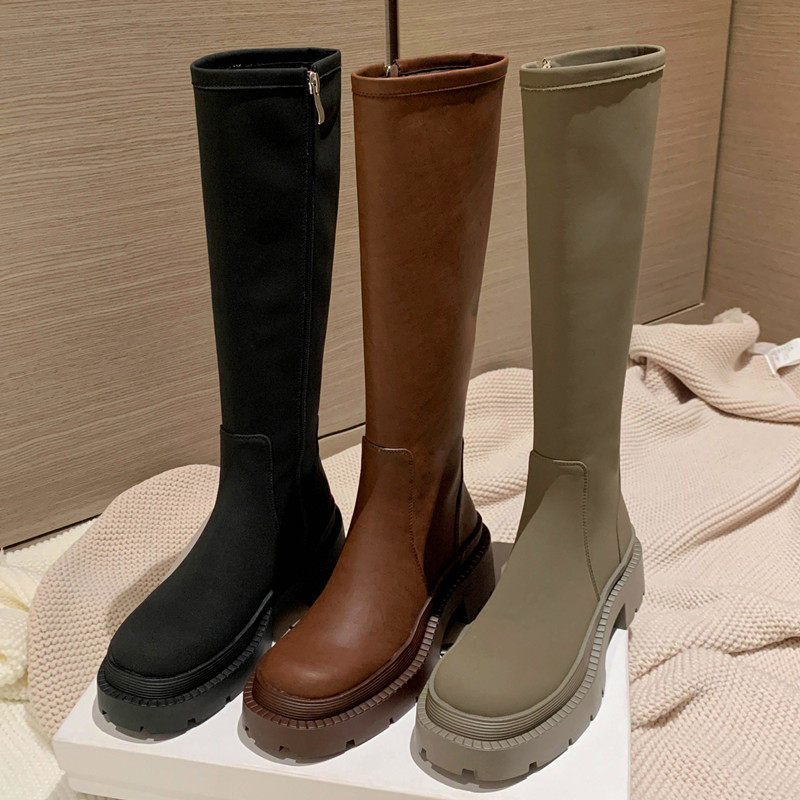 不过膝高筒靴女复古坡跟松糕底长靴厚底真皮长筒骑士靴显瘦及膝靴