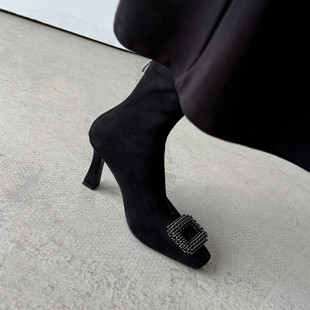 8cm法式 方头后拉链瘦瘦靴女 方扣绒面弹力靴性感显腿长不累脚大码