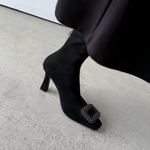 大码方头后拉链瘦瘦靴女