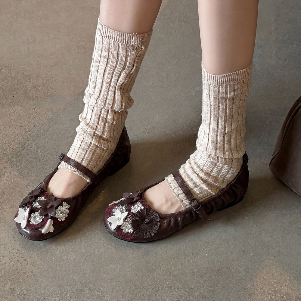 低跟芭蕾舞花朵水钻棕色瓢鞋奶奶鞋真皮单鞋女内增高平底圆头女鞋,女鞋,玛丽珍鞋,淘宝优惠券,粉丝福利购,淘宝优惠卷