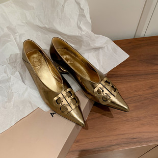 2025春新款真皮粗跟尖头英伦风小皮鞋女中跟V口金色复古懒人单鞋