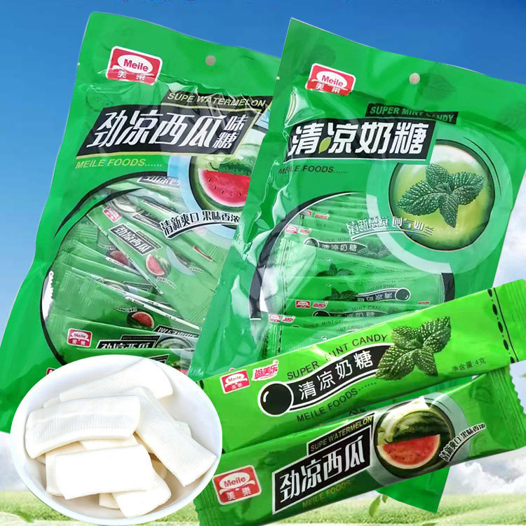 美乐清凉奶糖西瓜奶糖香芋味软糖158克约30薄荷奶糖怀旧休闲零食