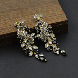 中古饰品做旧设计感合金镶嵌耳环女欧美精致中长款高档黑天鹅耳钉