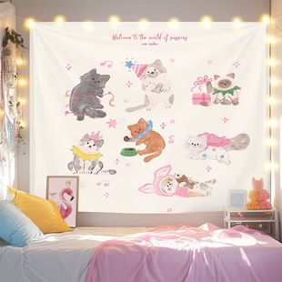 新款可爱卡通ins猫咪狗狗儿童房挂布卧室墙面装饰创意背景布挂毯
