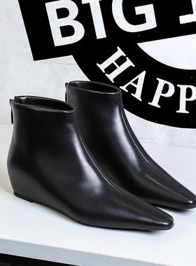 6632-8欧美复古简约百搭女靴坡跟内增高中跟修脚显瘦小短靴及裸靴