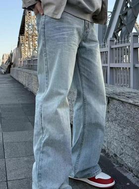 22TREE美式复古冰蓝染牛仔裤男季vibe风做旧直筒阔腿裤高街潮长裤