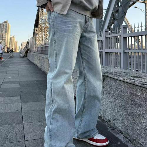 22TREE美式复古冰蓝染牛仔裤男季vibe风做旧直筒阔腿裤高街潮长裤