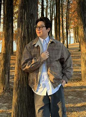 22TREE 美式复古双面穿千鸟格纯色夹克男女休闲小众百搭防风外套