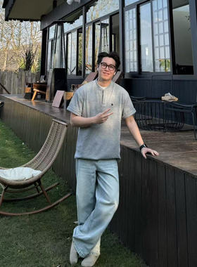 22TREE美式小众中性设计感cleanfit亨利领短袖T恤男重磅宽松体恤