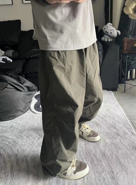 22tree原创复古抽绳工装阔腿裤男女新款褶皱宽松长裤日系直筒长裤