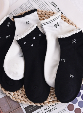 可爱花边袜子女短筒纯棉春夏季蝴蝶结低帮日系爱心黑白色薄款百搭