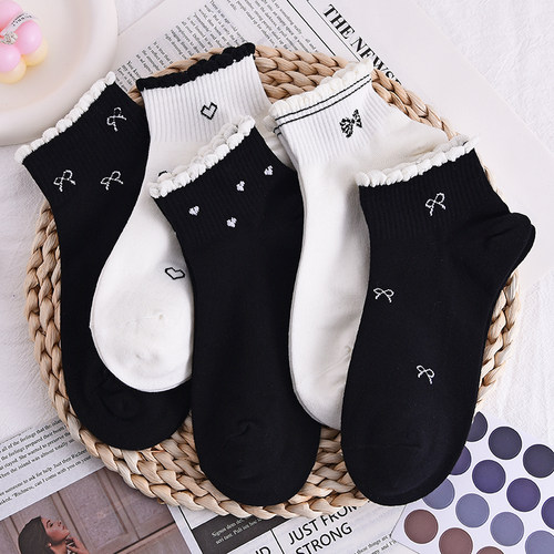 miu风纯棉黑白爱心短筒袜