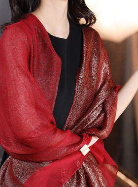 红色丝巾女妈妈婚礼礼服旗袍披肩外搭真丝围巾薄款婚宴喜婆婆高端