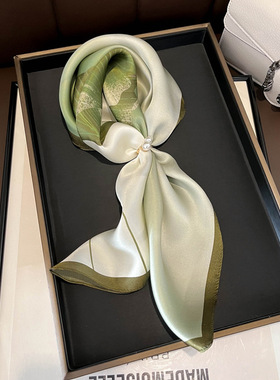 绿色银杏叶真丝小方巾女100%桑蚕丝丝巾薄款护颈肩领巾送妈妈礼品