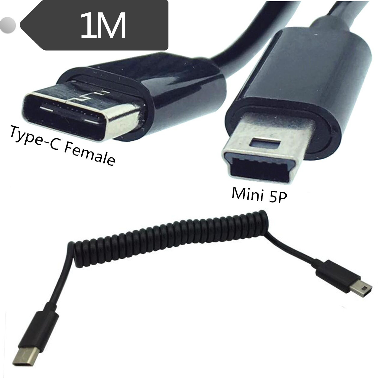 Type-c转USB2.0母口 Tpye-c OTG线 弹簧伸缩线 1米 黑色/白色