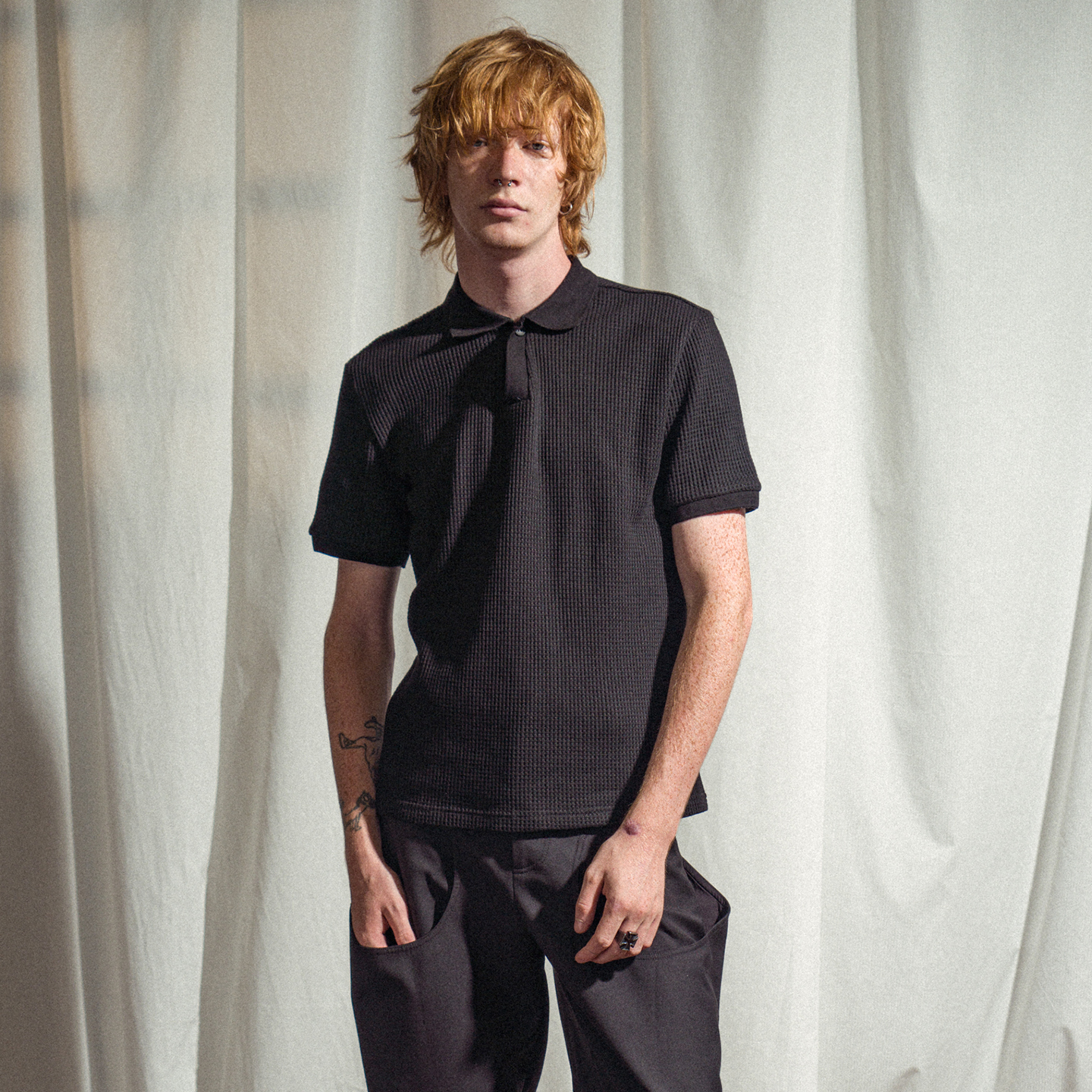 老钱风华夫格翻领短袖polo衫