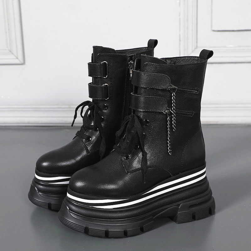 网红女靴欧洲站2023秋冬新款女鞋松糕底魔术贴短靴欧货真皮马丁靴