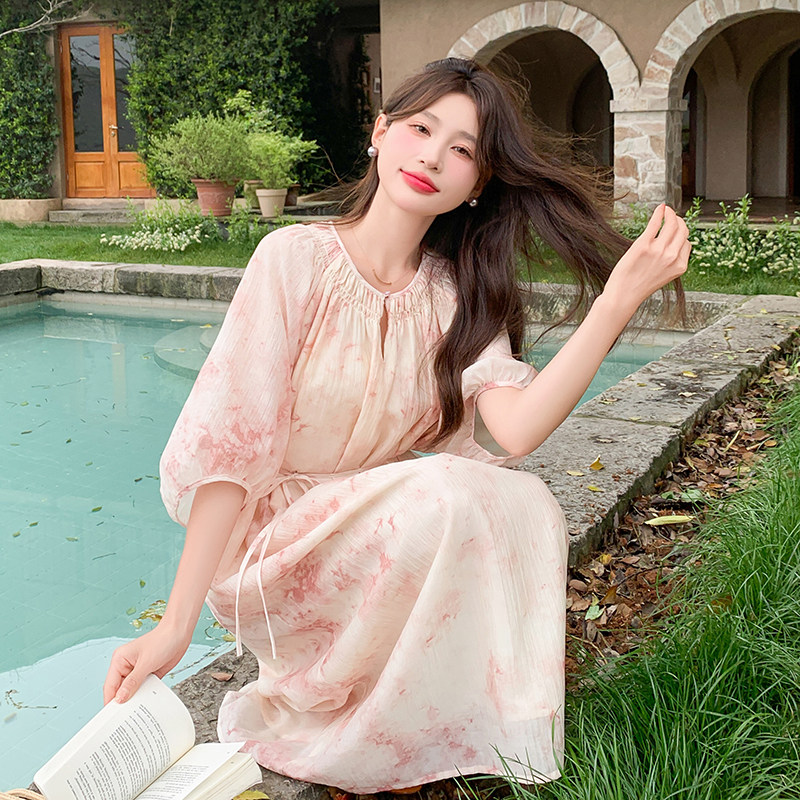 法式温柔风甜美印花宽松显瘦连衣裙女2025夏季新款气质碎花长裙子,女装连衣裙,杭阁服饰