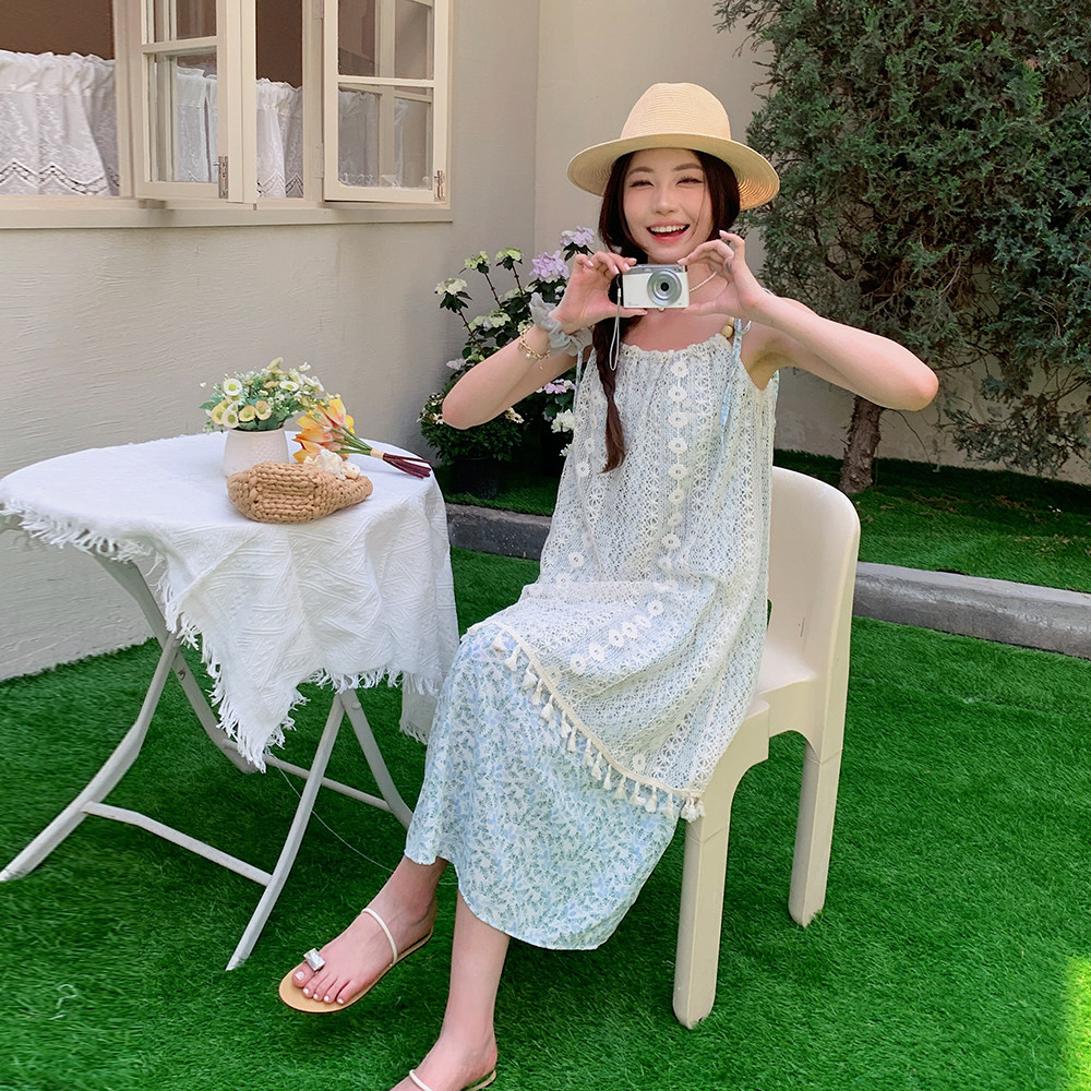 现货新款2025拼接假两件度假海边吊带裙8636p105K158,女装连衣裙,杭阁服饰