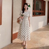 法式米白色波点连衣裙女2023年夏季新款法式温柔海边度假风长裙子，女装连衣裙，杭阁服饰