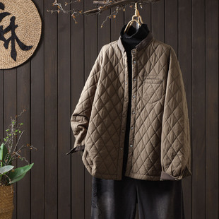 秋冬新款 棉衣外套 宽松菱格棉服女纯棉棉袄文艺小立领撞色夹棉薄款