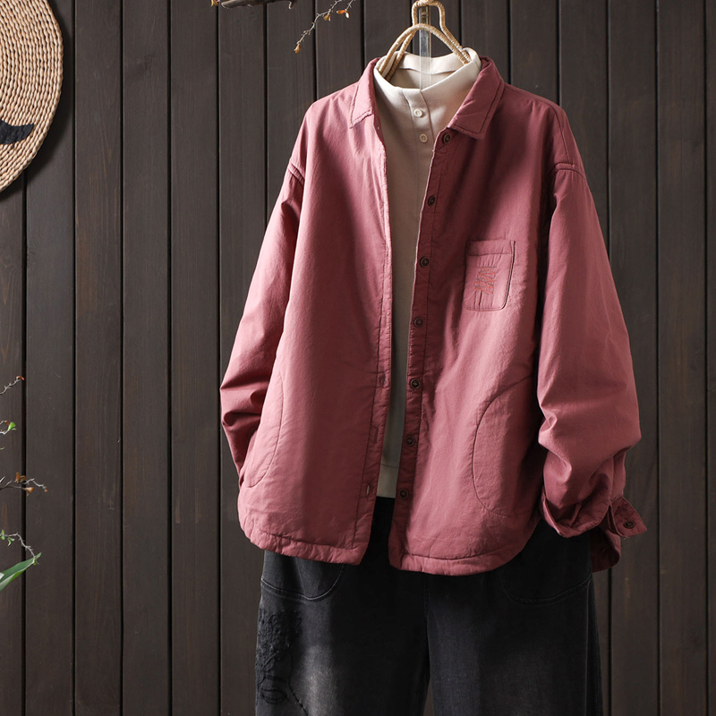 秋冬宽松衬衫领小棉袄女士文艺纯色翻领棉服夹棉轻薄款棉衣短外套