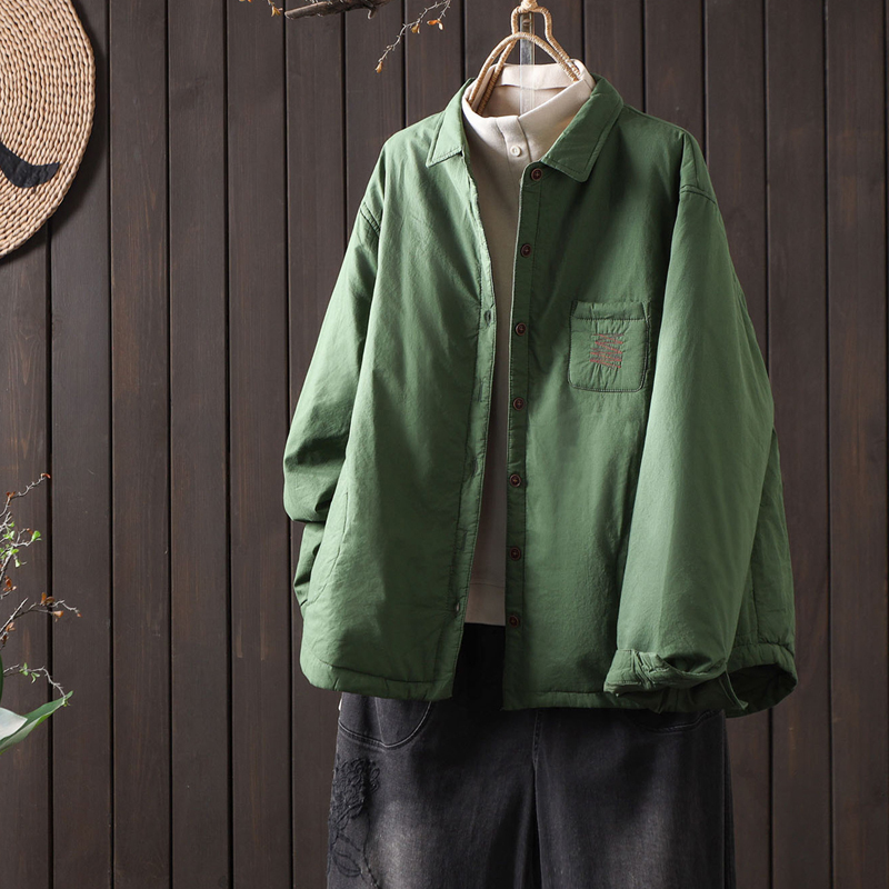 秋冬宽松衬衫领小棉袄女士文艺纯色翻领棉服夹棉轻薄款棉衣短外套