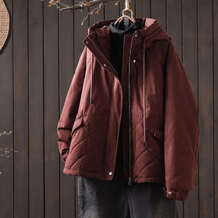 冬季 口撞色设计感轻薄棉衣夹棉外套菱格保暖棉服 宽松连帽棉袄女袖