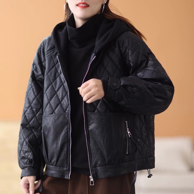 冬季新款宽松棒球领夹棉加厚水洗pu皮衣女长袖夹克加棉拉链短外套