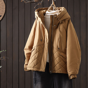 冬季 口撞色设计感轻薄棉衣夹棉外套菱格保暖棉服 宽松连帽棉袄女袖