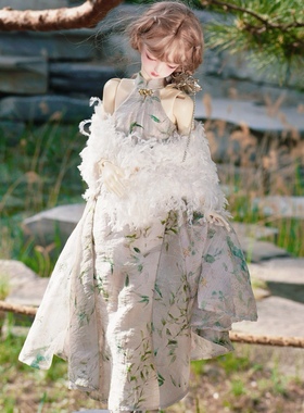 bjd4分3分娃衣新中式国风复古旗袍裙子羽毛披肩春夏裙装成品娃衣