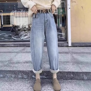 2024年秋冬新款加绒加厚大码哈伦牛仔裤女弹力百搭显瘦九分老爹裤